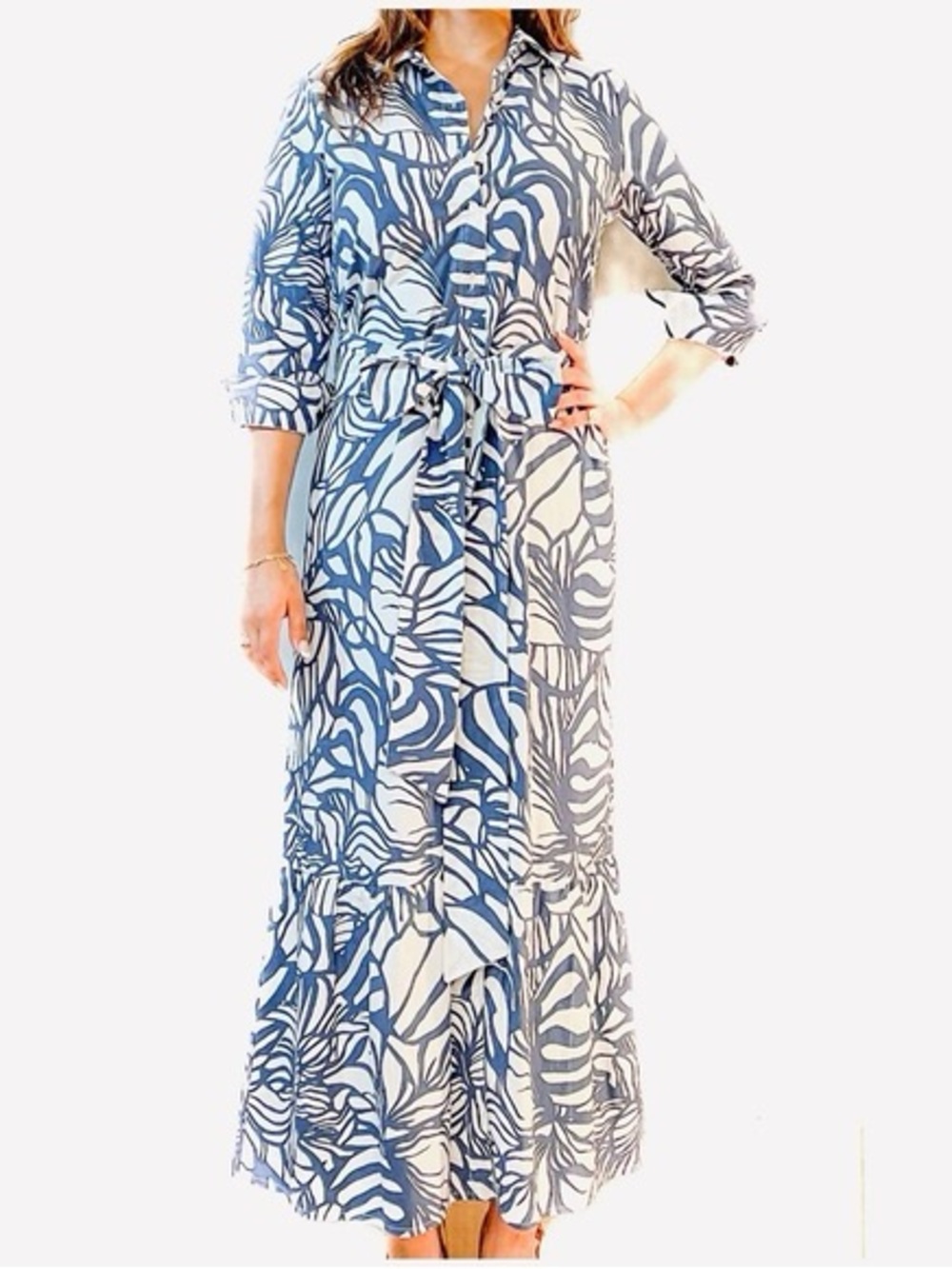 La Plage Ann Marie Maxi Dress Large Navy White Tropical Print Belted